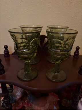 Green Pressed Glass Goblets - Set of 4